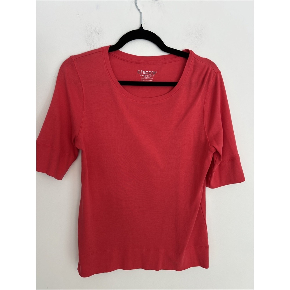 Chico's SZ 1 100% Pima Cotton Crewneck Elbow Length Sleeves Comfortable Red Top